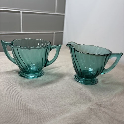 Vintage Jeanette Ultramarine Swirl Glass Creamer and Sugar Bowl Set