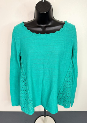 Sparrow Women's Size Medium Scallop Neck Crochet Panel Knit Top Boho Blue