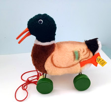 Vintage Steiff Duck pull toy Mallard 8" long 1960's