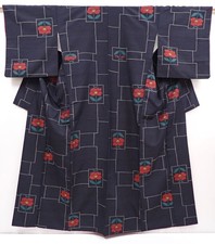 6216T11z820 Vintage Japanese Kimono Silk TSUMUGI Camellia Black