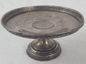 Sterling Silver Pedestal Compote Dish Ornate Floral Border Monogrammed 165.3 g