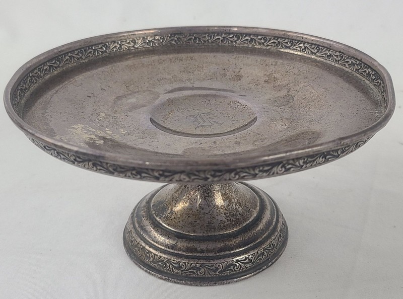 Sterling Silver Pedestal Compote Dish Ornate Floral Border Monogrammed 165.3 g