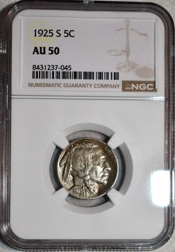 NGC AU-50 1925-S Buffalo Nickel, Razor-Sharp, Richly Hued, Better Date!