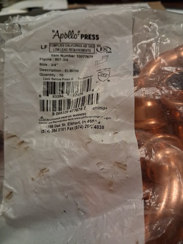 Apollo Press 3/4" 90 Degree Elbow Copper 10077678 (10 Pack) - Fast Shipping!!