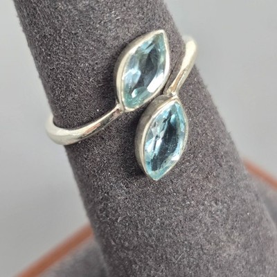Sterling Silber Ring mit Dual Marquise-Schliff Blautopas Steinen verstellbar Größe 6
