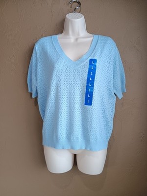 NWT Splendid Women's Pointelle Short Sleeve Sweater Top Light Blue Size L