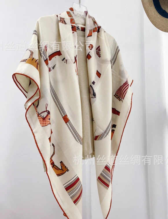 70% Cashmere 30% Silk herringbone Scarf 53'' horse Print Shape Bandana Wrap new - Image 4 of 4