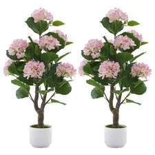 Artificial Hydrangea Tree 2 Pack, 3FT Faux Hydrangea Plant in Pot with Pink F...