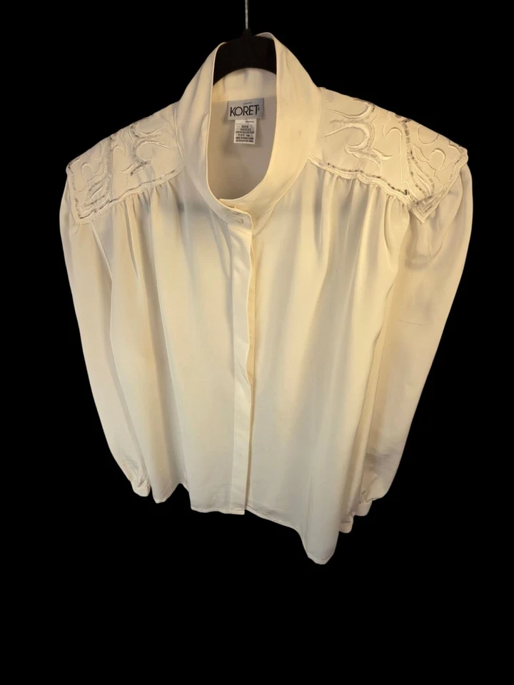 Blusa Koret Años 80 90 Marfil Talla 18 Cuentas Detalle Hombro Cuello Simulado Largo Slv Top Foto 4 de 4