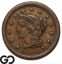 1854 Large Cent, Braided Hair