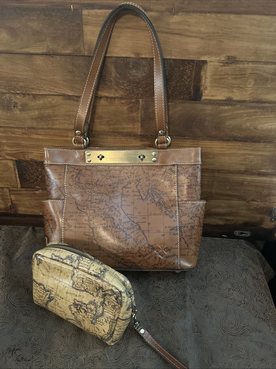 PATRICIA NASH Silvi Travel Leather World Map TOTE W Wristlet Pouch