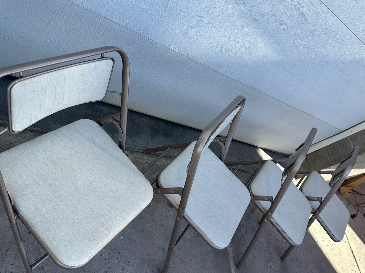 Mid Century Samsonite 4 Folding Cream Vinyl Padded Chair Set