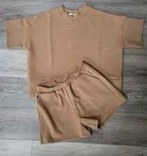 Women's Corded Rib Short Sleeve Oversized Wms Small Lounge Set Tan