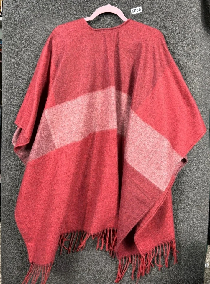 Poncho Woolrich Mujer Talla Única Borgoña Rosa Rayas Flecos Ruana Mantón Envolvente Foto 2 de 4