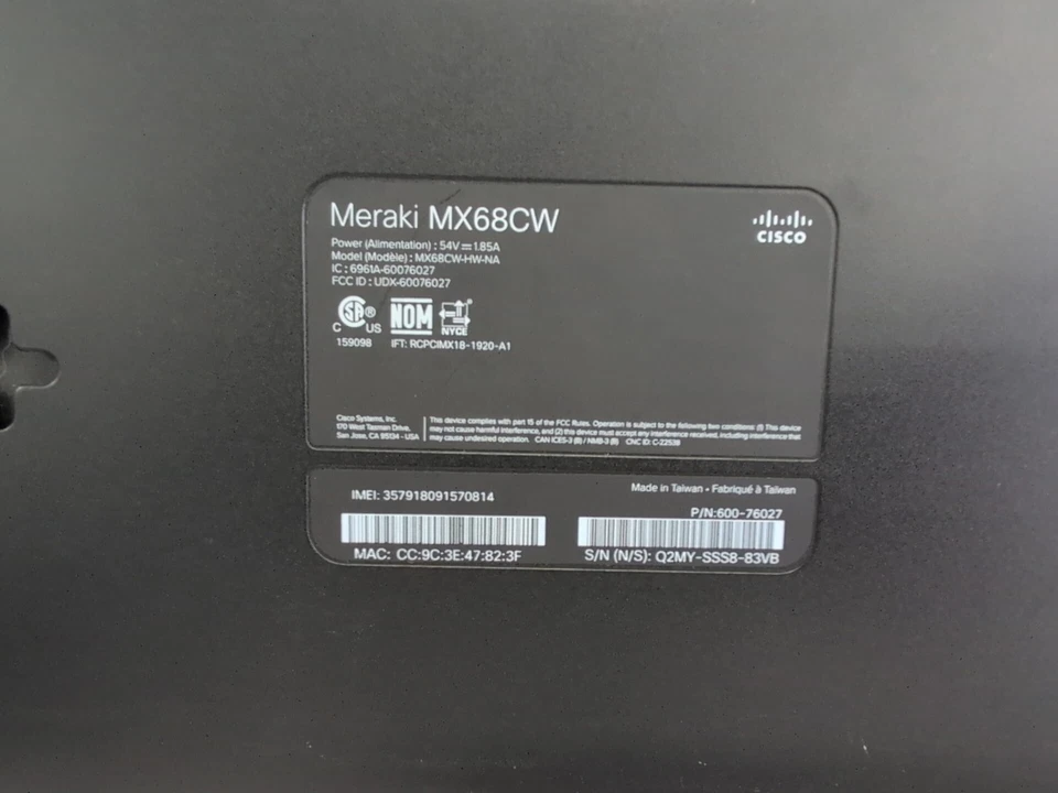 CISCO Meraki Cloud Managed LTE WiFi Security Firewall Router Silver MX68CW-HW-NA - Image 4 of 4