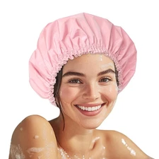 Shower Cap for Women, Double Layer Waterproof Bath Cap, Reusable Hair Protector,