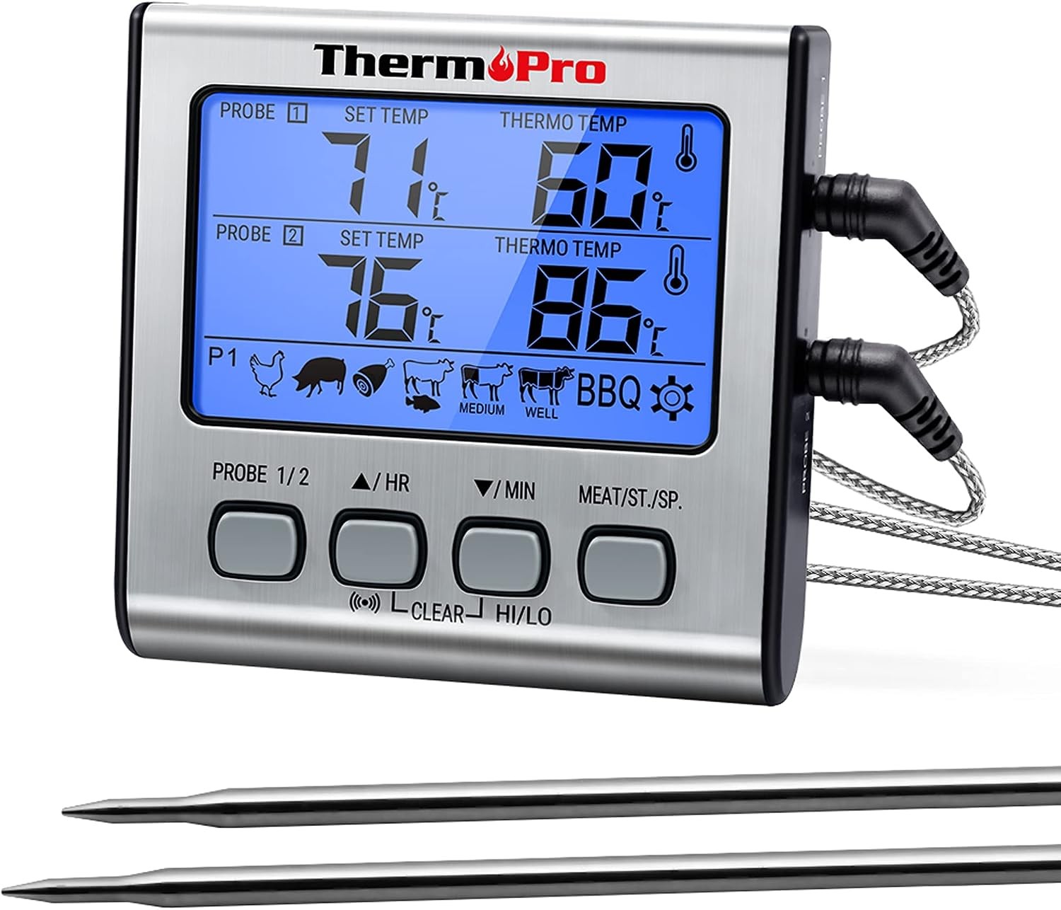 Digital Meat Thermometer Dual Probe for BBQ Grill Smoker Oven - Large LCD
