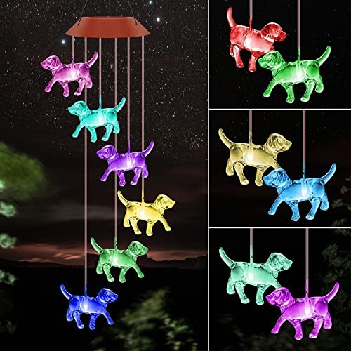 Dog Solar Wind Chimes for Outside Colors Changing Lights Outdoor Waterproof
