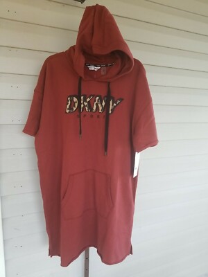 DKNY Sport Hoodie Dress Animal LOGO Sweatshirt Shirtdress Pocket Rust XL  NWOT