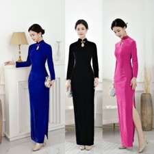 Women Velvet Long Dress Cheongsam Qipao Long Sleeve Chinese Traditional Vintage