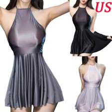 Women Nightwear Shiny Nightdress High Waist Mini Dress Glossy Clubwear Short