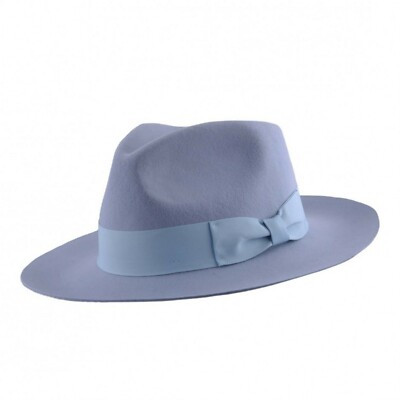 Filz Fedora Baby blau steife und einknappige Krempe 100 % Wolle Trilby Mütze mit breitem Band 
