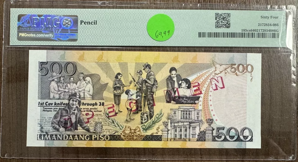 Philippines, SPECIMEN 500 Piso-Wmk B. Aquino 1999-2001 Pick#185cs CU64 PMG - Image 2 of 2