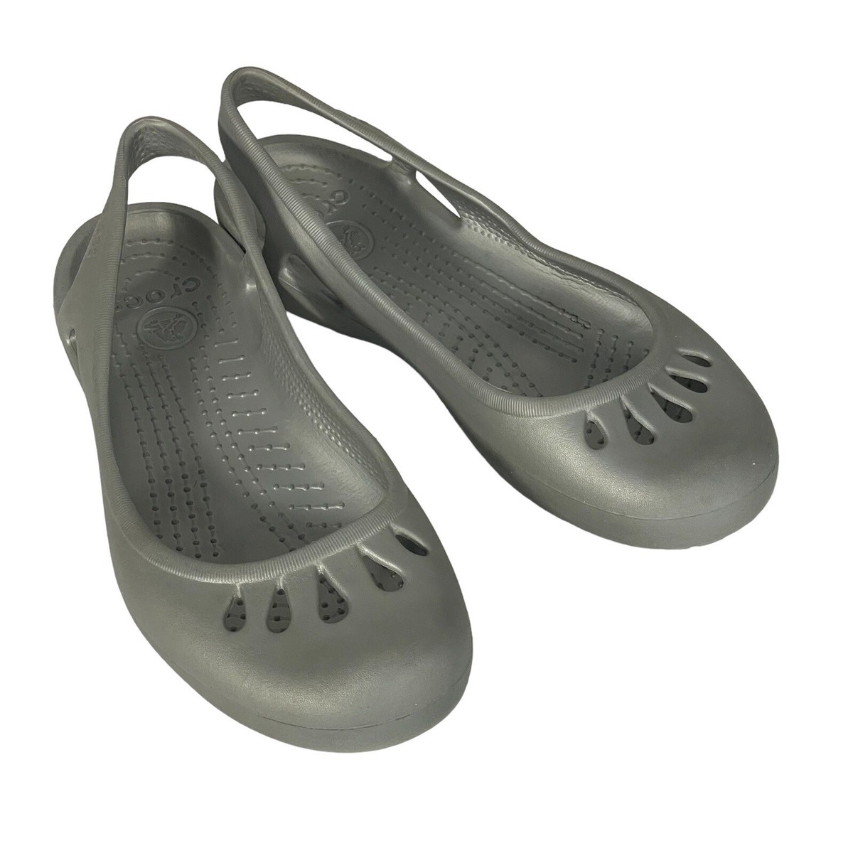 Crocs Thea Gray Silver Slingback Ballet Flat Sandal Women's Shoes