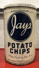 LARGE VTG JAY'S E-E-E-Z-Z-Y Eating POTATO CHIPS 1 lb STEEL CAN "The Energy Food"