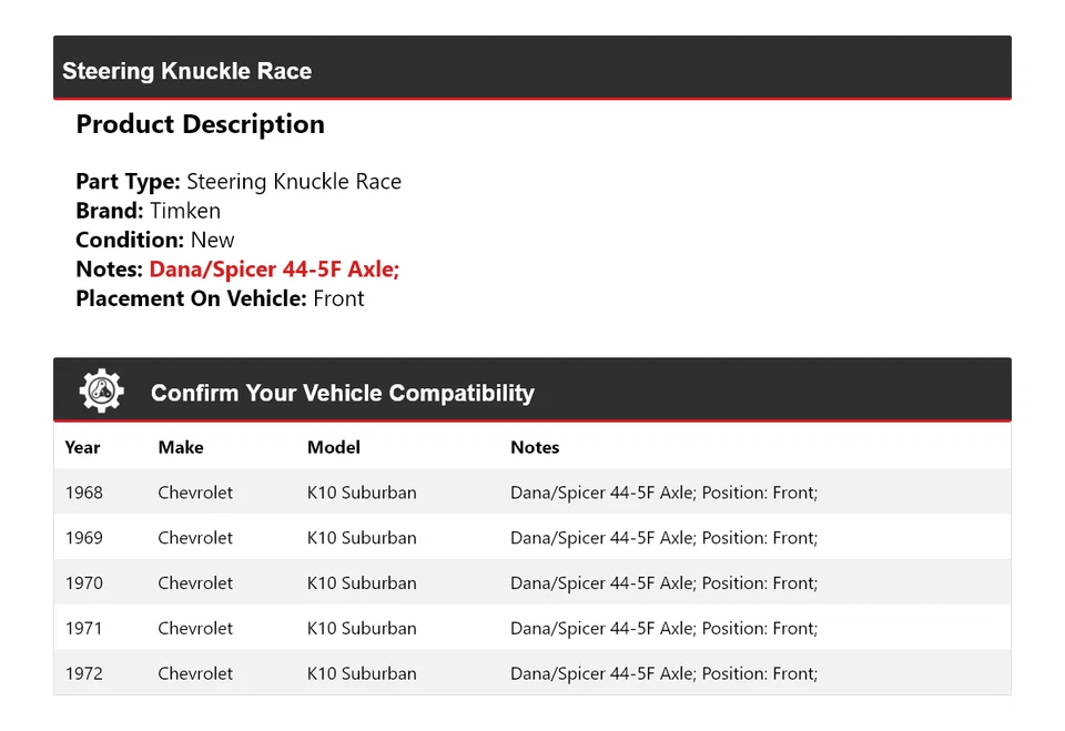 For 1968-1972 Chevrolet K10 Suburban Steering Knuckle Race Front Timken 1969 - Image 2 of 4