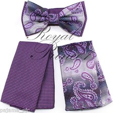 Two Tone Design Paisley Men Purple Lilac Bowtie and Hankie Set Wedding BT2T102B