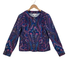 Charter Club Women Paisley Round Neck Button Front Blouse Top Petite Medium