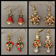 GOLDTONE WIRE HOLIDAY EARRINGS CRYSTALS BELLS, SNOWFLAKES, BOWS, TREES