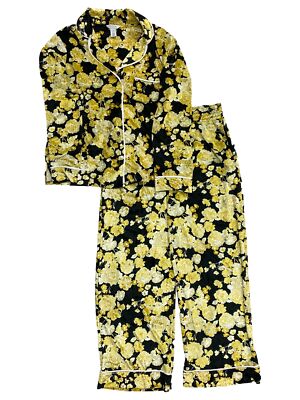 Sofia Vergara Womens Velvety Black & Gold Floral Print Pajamas Sleep Set