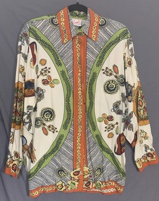 Vintage Mondi German Designer Cream, Green And Orange Print Top Large