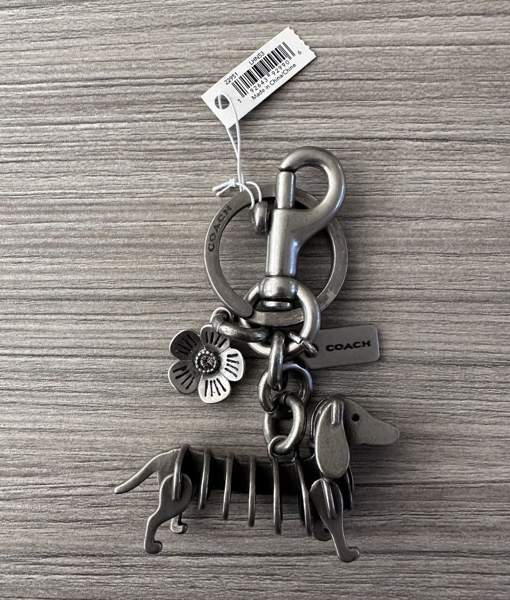 New Coach Puzzle Metal Dog dachshund W/ Tea Rose Bag Charm