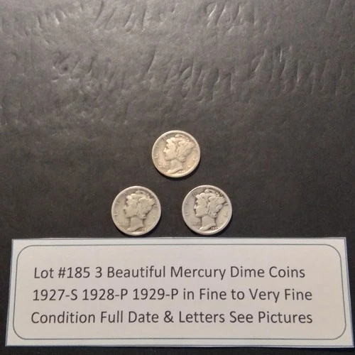 Lot #185 3 Beautiful US Mercury Dimes 1927-S 1928-P 1929-P Fine See Pictures