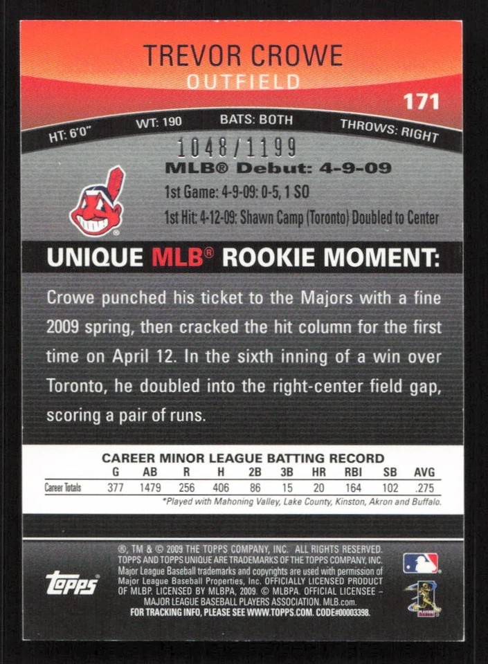 2009 Topps Unique Trevor Crowe Red #/1199 SN,RC Rookie #171 Card - Image 2 of 2