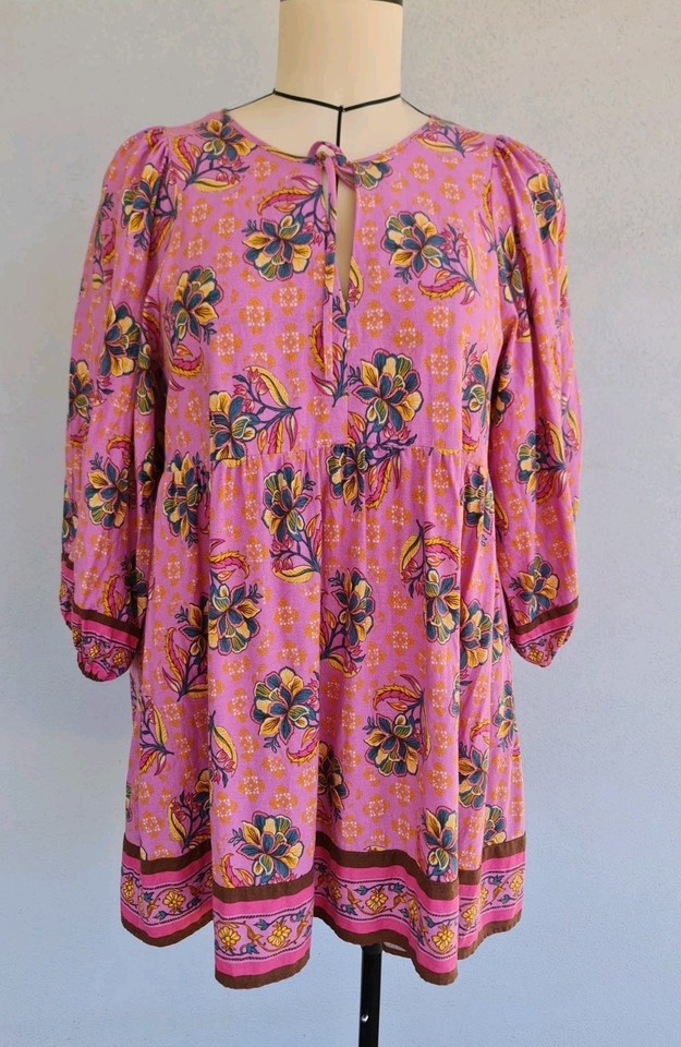 SPORTSGIRL Mini Dress Size 14 L Linen Blend Pink Floral Boho Baby Doll