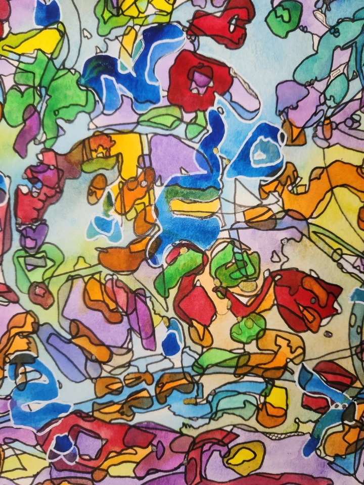 Sopa de Ácido de Letras - Pintura Acuarela Abstracta Original con Detalles de Tinta 18x24 Foto 2 de 4