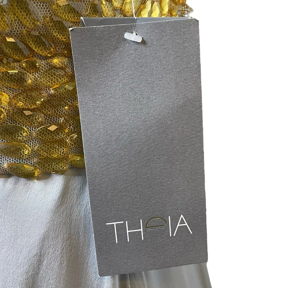 Nuevo con etiquetas Vestido Theia Couture Dorado y Gris Seda Formal Sin Tirantes Con Cuentas Talla 4 $995 Foto 4 de 4