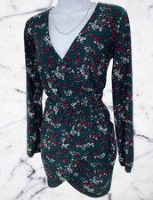 FOREVER 21 Floral Mini Dress, Size S, Green, V-Neck, Ruched, Stretch