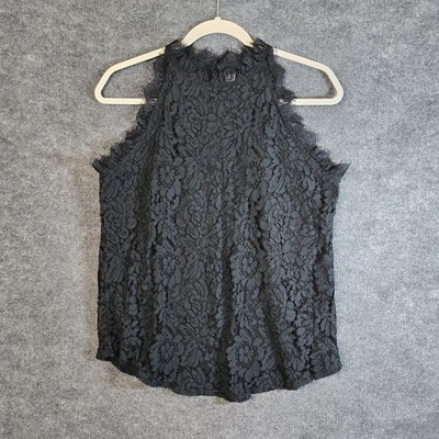 Halife Top Womens M Black Lace Lined Sleeveless Ruffle Glam Romantic