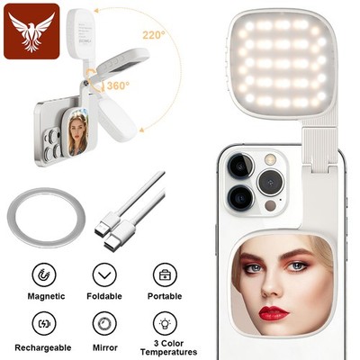 Magnetic Selfie Light w/Mirror & LED Rechargeable Phone Lights for Makeup Video