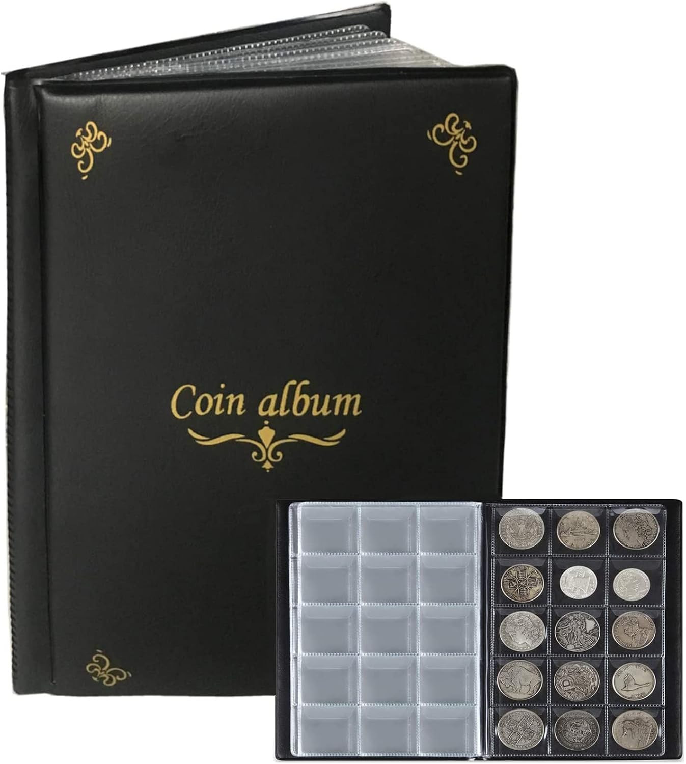 Black Coin Display Album with 150 Pockets for Collectors 9.65x6.5 Inch