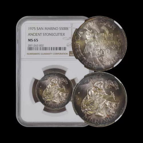 SAN MARINO. 1975, 500 Lire, Silver - NGC MS65 - Stonemason, Marinus 🌈 Toned