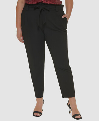 Calvin Klein Women's Black Lux Tie-Waist Ankle Dress Pants Plus Size 24W