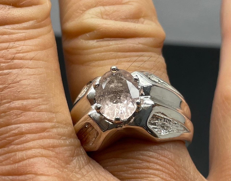 1.6 CT PINK MORGANITE .925 STERLING SILVER MENS SOLID BACK RING SZ 8.25 ...