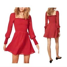 REFORMATION Red Kelli Smocked Bodice Long Sleeve Fit Flare Mini Dress L = 10