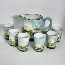 D&C France Vintage Hand Painted Pitcher and Glass Set of 7 Water Lily Green Trim